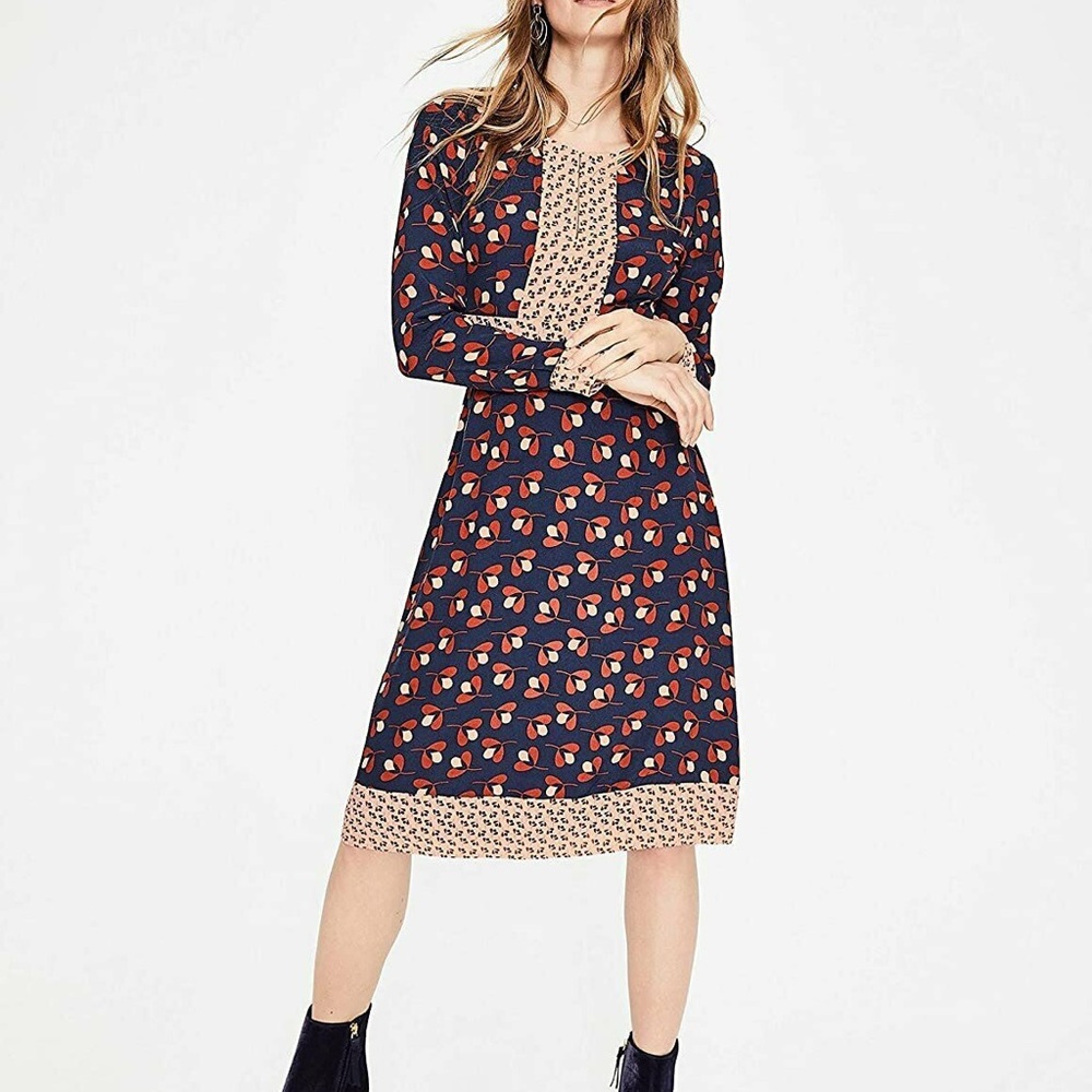 Boden Navy and Red Clover Daisy Long-sleeve Fit and Flare Dress - Size 12